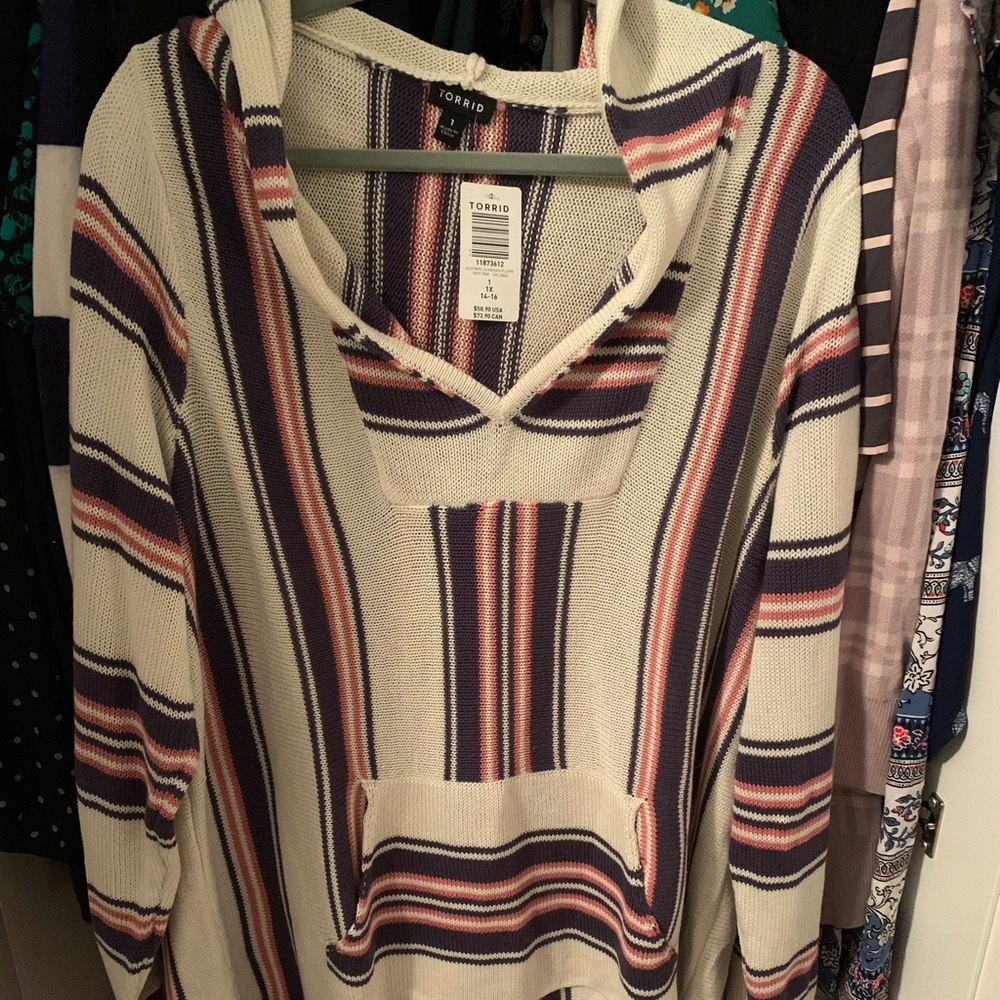 Striped hooded pullover.